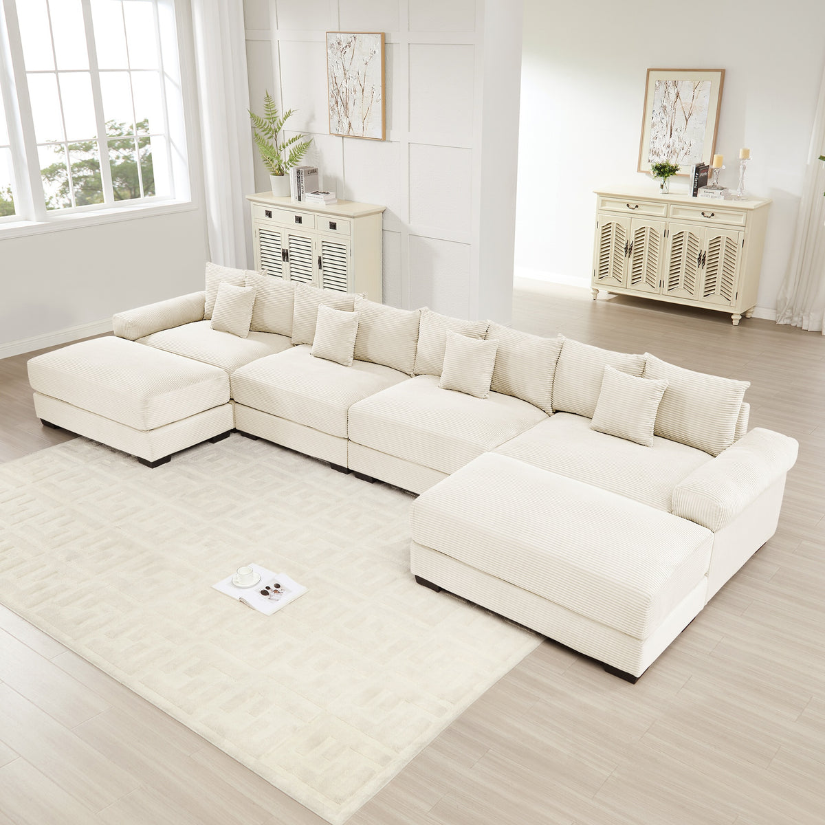 170" Oversized Cloud Modular U-Shape Sectional Couch,Premium Corduroy Fabric With An Ottoman,Deep Seat Wide Armrests,Good Resilience Cushion,Easy Assembly, For Living Rooms Studies,Cream