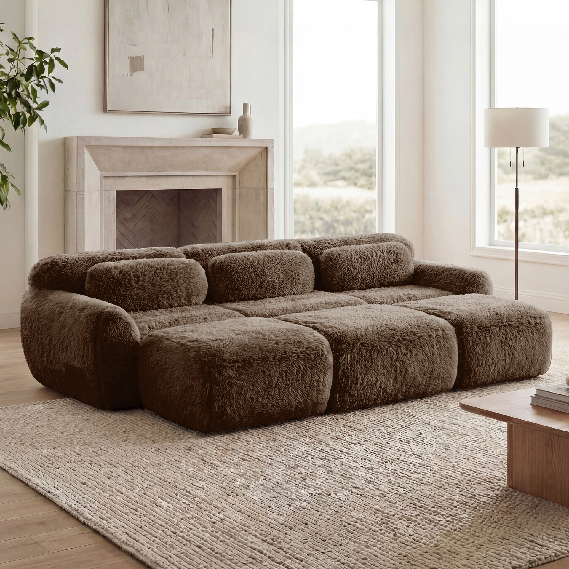 3-Seater Soft Plush Fabric,32D High Density Spong,Movable Ottoman Free Combination,No Assembly Required Bottom Anti-Slip Design,Buckle Connection For Bedroom,Living Room,And Home Theater, Chocolate