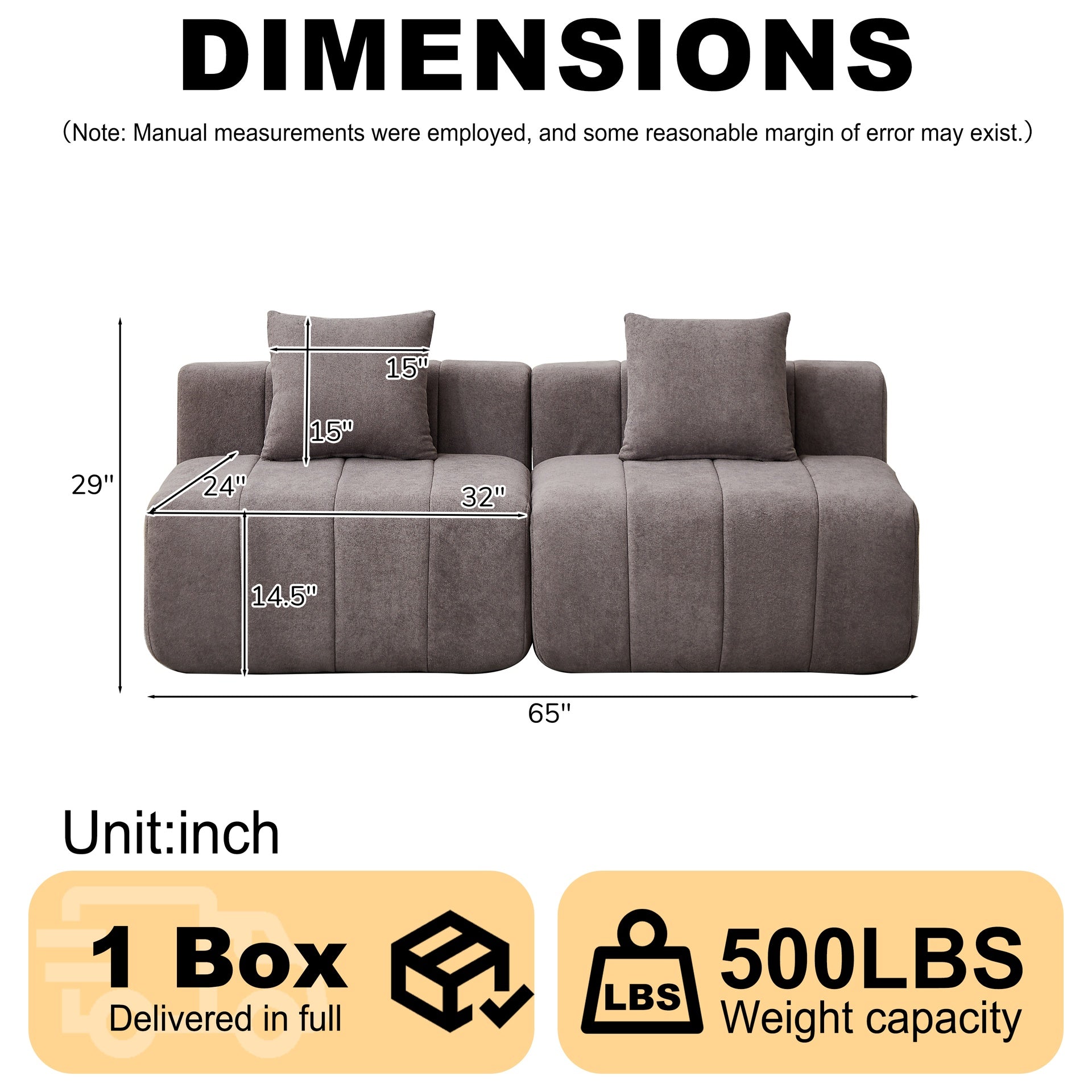Chenille sectional sofa with 2 pillows,Symmetrical Modular Sofa Sectional for bedroom, living room, office for leisure or nap, reading room, and lobby
