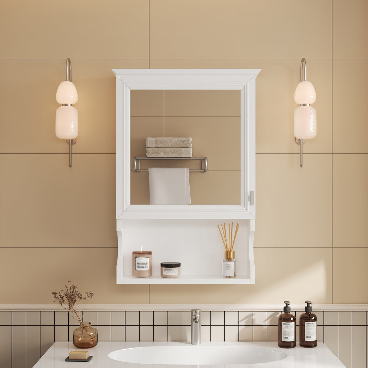 20'' Wall Mounted Bathroom Storage Cabinet with Mirror, Wall Mounted Home Storage with Door, Mirrored Wall Medicine Cabinet