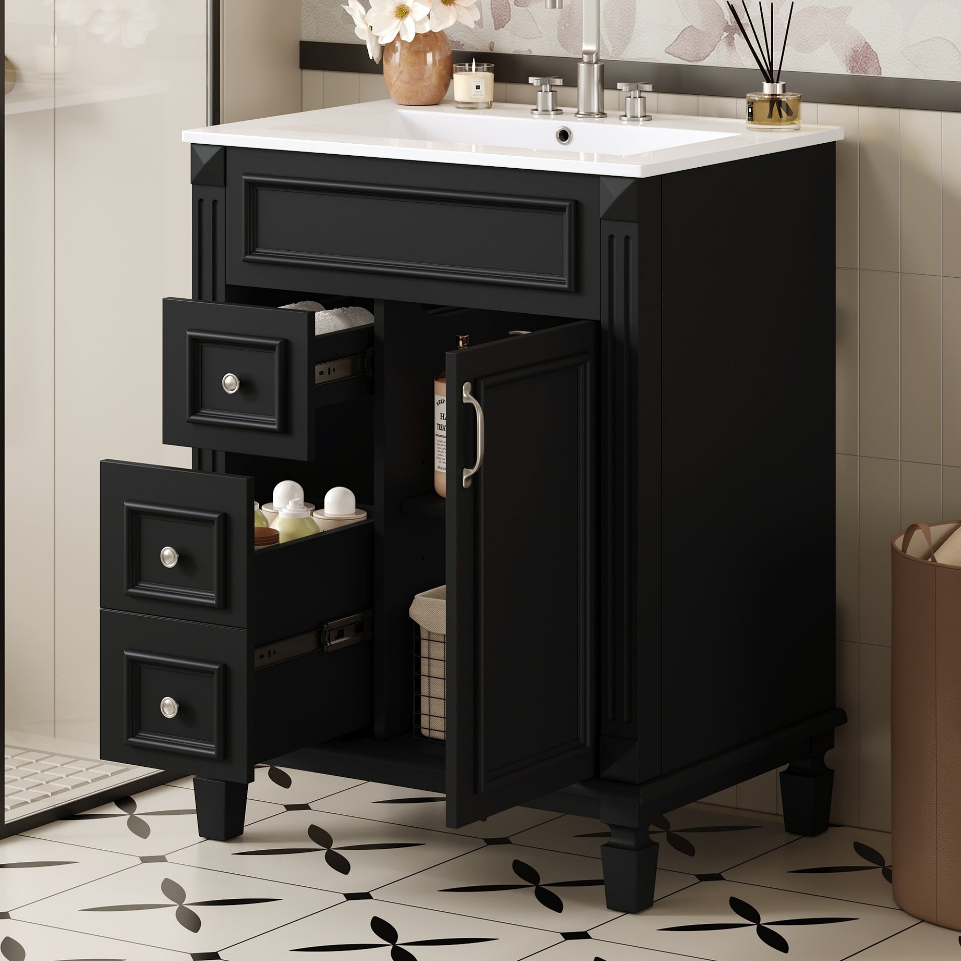 24" Bathroom Vanity with Ceramic Sink, Small Bathroom Sink Cabinet, Modern Cabinet with 2 Drawers and Adjustable Shelf