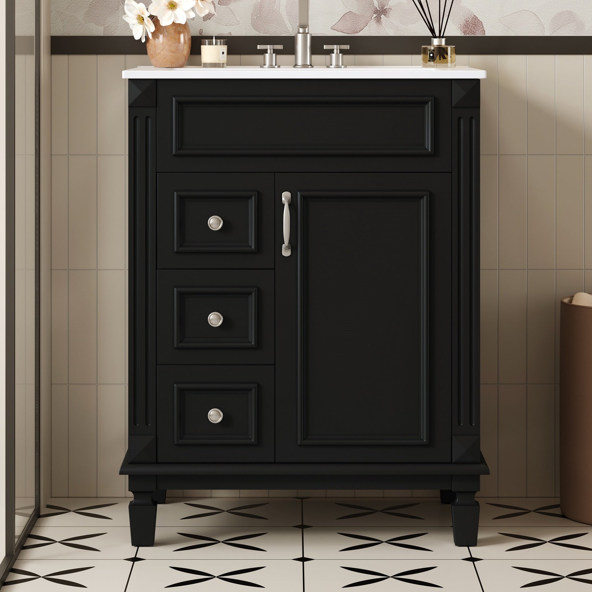 24" Bathroom Vanity with Ceramic Sink, Small Bathroom Sink Cabinet, Modern Cabinet with 2 Drawers and Adjustable Shelf
