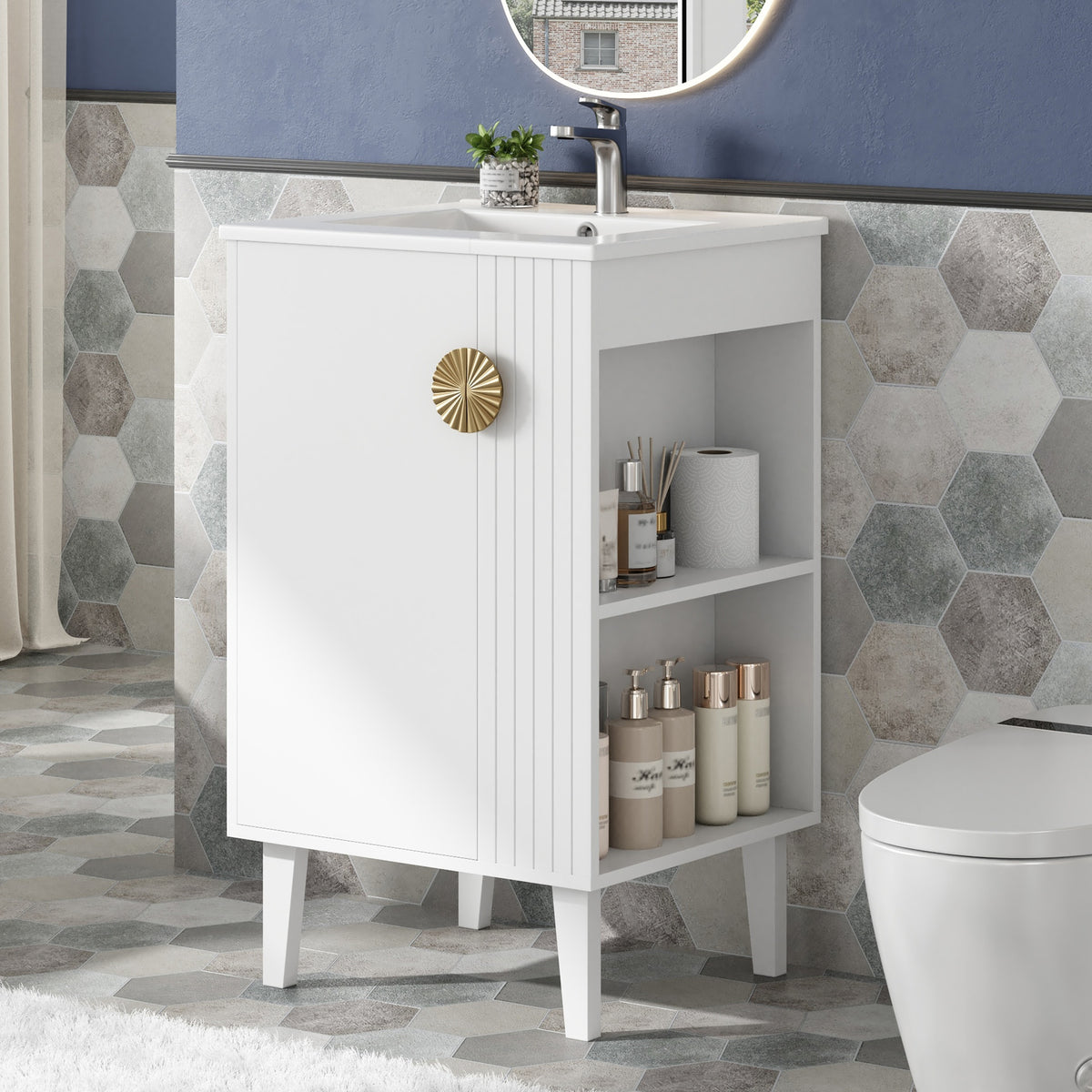 20-inch Bathroom Vanity with Ceramic Sink, Freestanding Single Vanity Set with Soft Closing Door, Chic Half-Moon Pulls, French Style, White