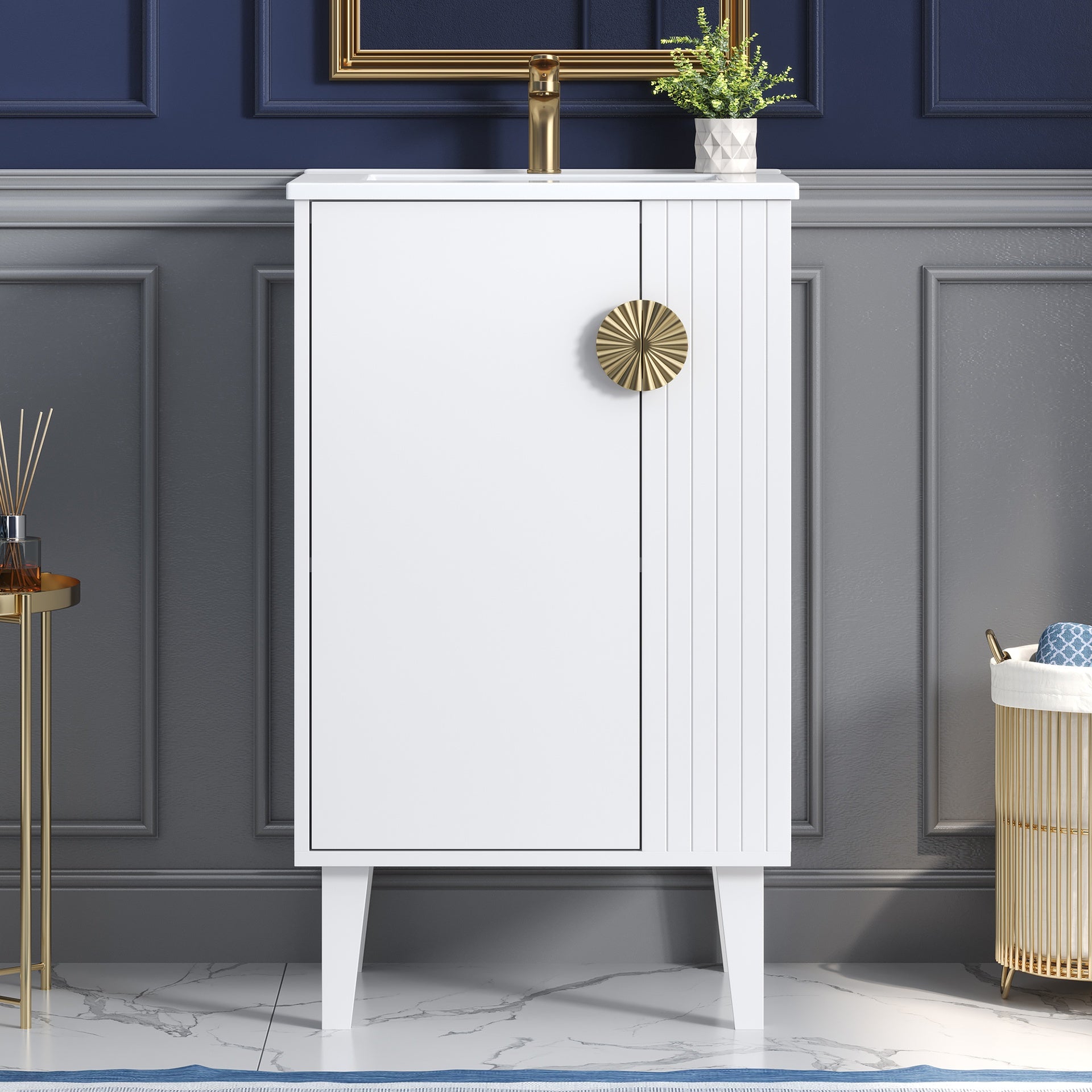 20-inch Bathroom Vanity with Ceramic Sink, Freestanding Single Vanity Set with Soft Closing Door, Chic Half-Moon Pulls, French Style, White