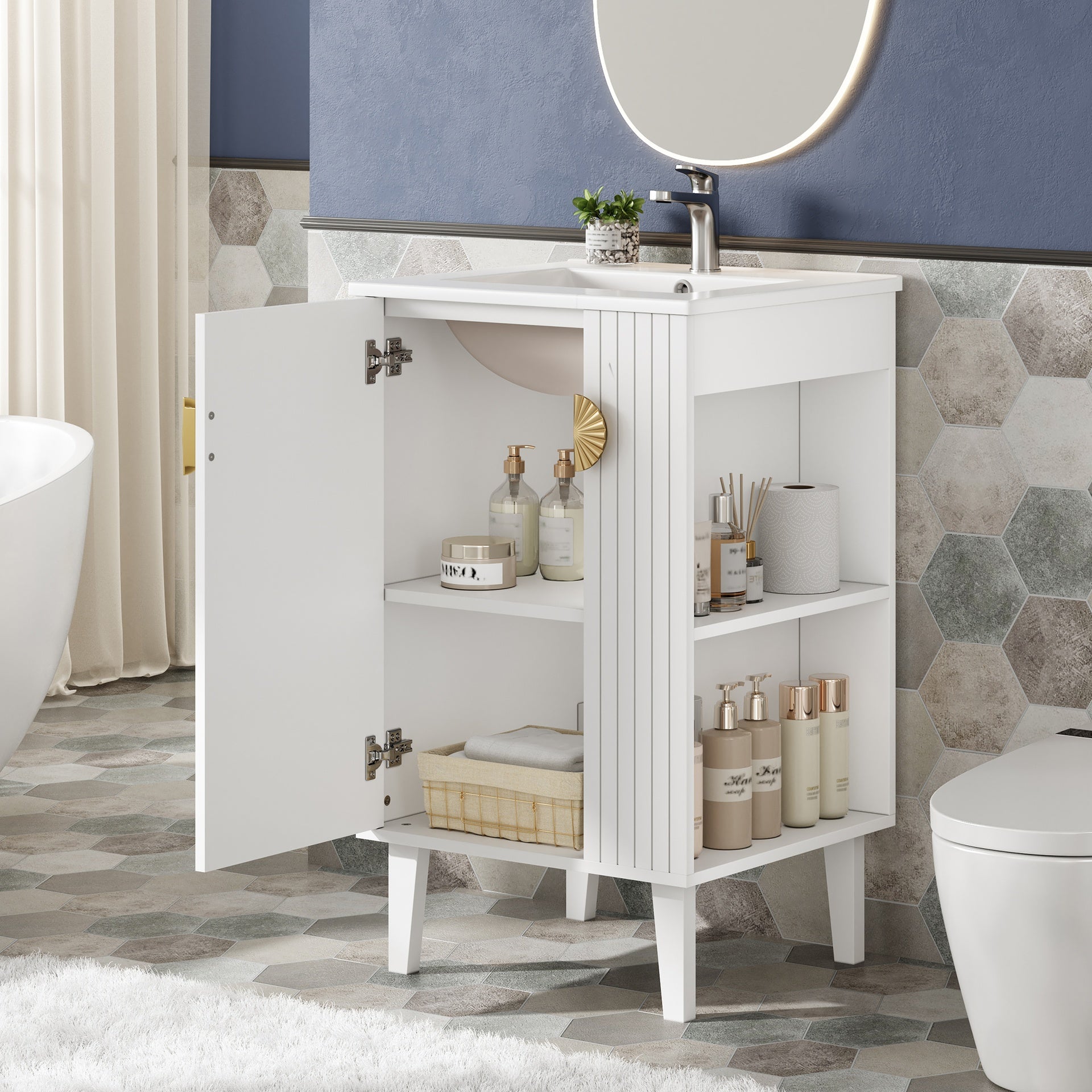 20-inch Bathroom Vanity with Ceramic Sink, Freestanding Single Vanity Set with Soft Closing Door, Chic Half-Moon Pulls, French Style, White