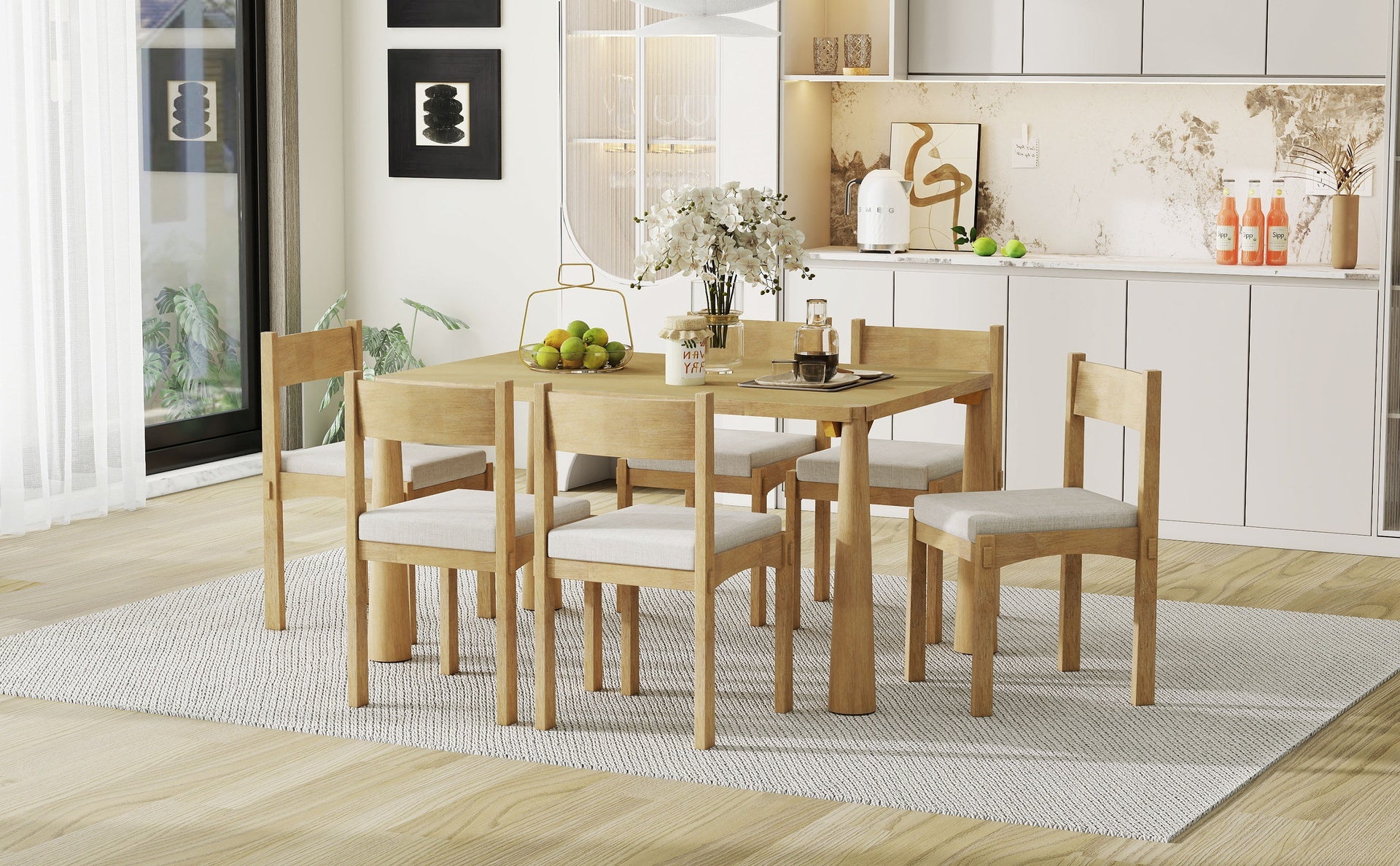 TREXM 7-Piece Retro Dining Table Set for 6, Wood Dining Table Set for 6 with Upholstered Chairs for kitchen & Dining Room (Natural Wood Wash)