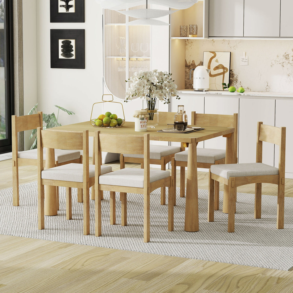 TREXM 7-Piece Retro Dining Table Set for 6, Wood Dining Table Set for 6 with Upholstered Chairs for kitchen & Dining Room (Natural Wood Wash)