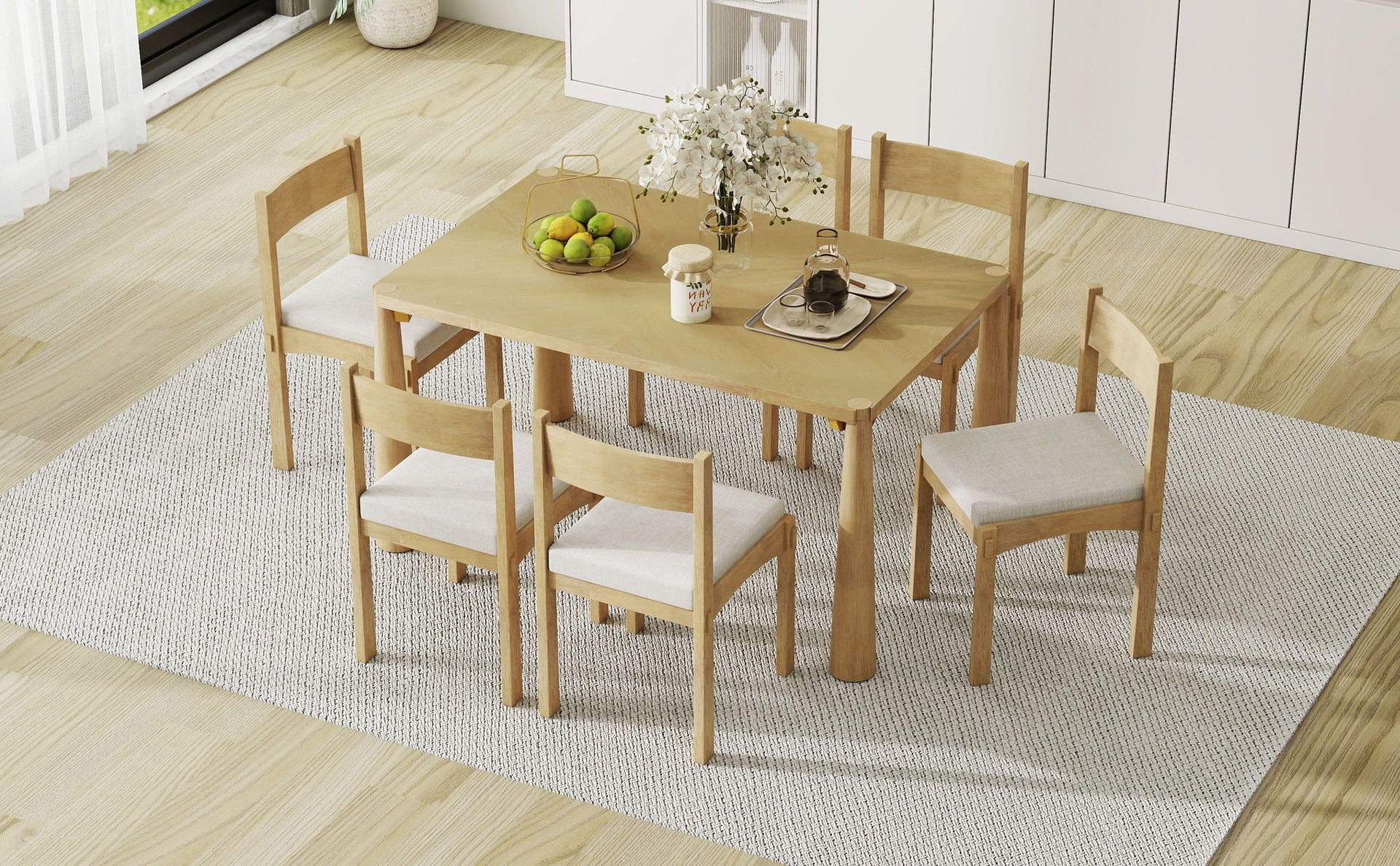 TREXM 7-Piece Retro Dining Table Set for 6, Wood Dining Table Set for 6 with Upholstered Chairs for kitchen & Dining Room (Natural Wood Wash)
