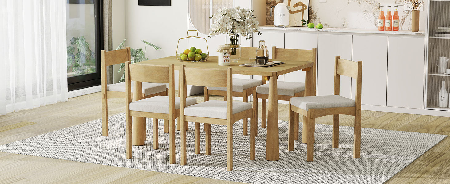 TREXM 7-Piece Retro Dining Table Set for 6, Wood Dining Table Set for 6 with Upholstered Chairs for kitchen & Dining Room (Natural Wood Wash)