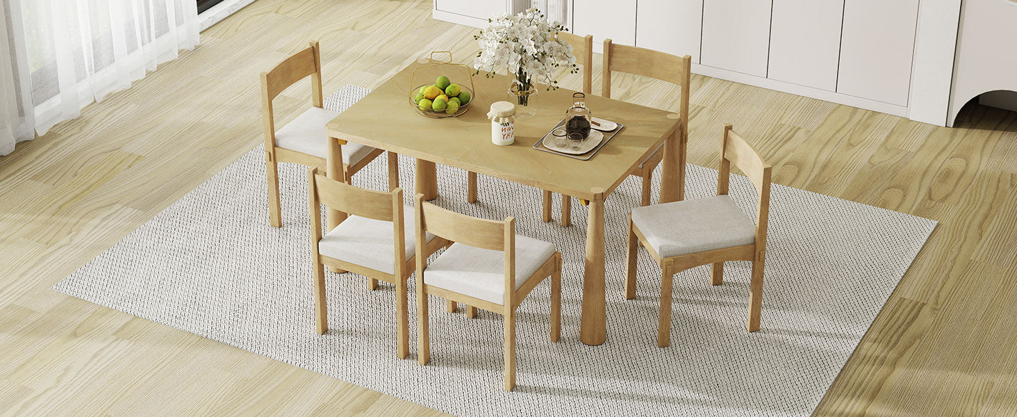 TREXM 7-Piece Retro Dining Table Set for 6, Wood Dining Table Set for 6 with Upholstered Chairs for kitchen & Dining Room (Natural Wood Wash)