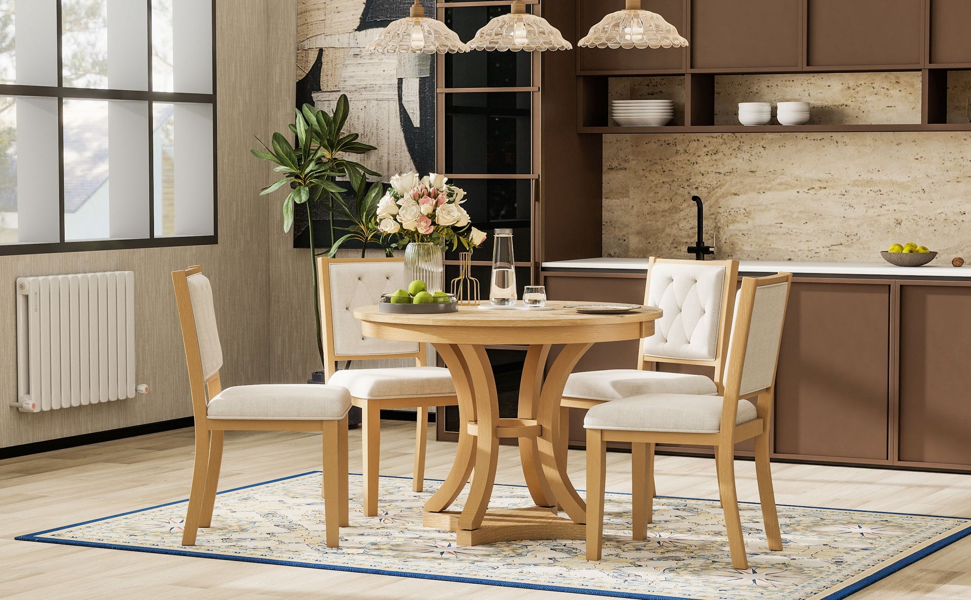 TREXM 5-Piece Retro Functional Dining Table Set Extendable Round Table and 4 Upholstered Chairs for Dining Room and Living Room (Natural)