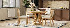 TREXM 5-Piece Retro Functional Dining Table Set Extendable Round Table and 4 Upholstered Chairs for Dining Room and Living Room (Natural)