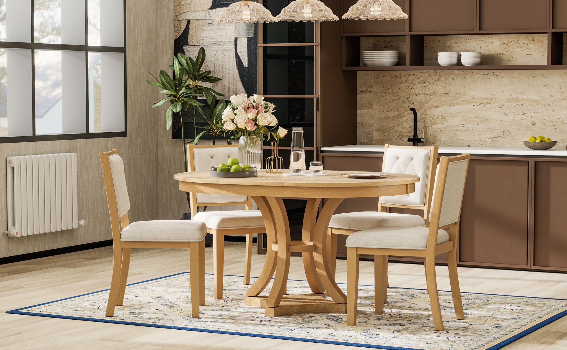 TREXM 5-Piece Retro Functional Dining Table Set Extendable Round Table and 4 Upholstered Chairs for Dining Room and Living Room (Natural)
