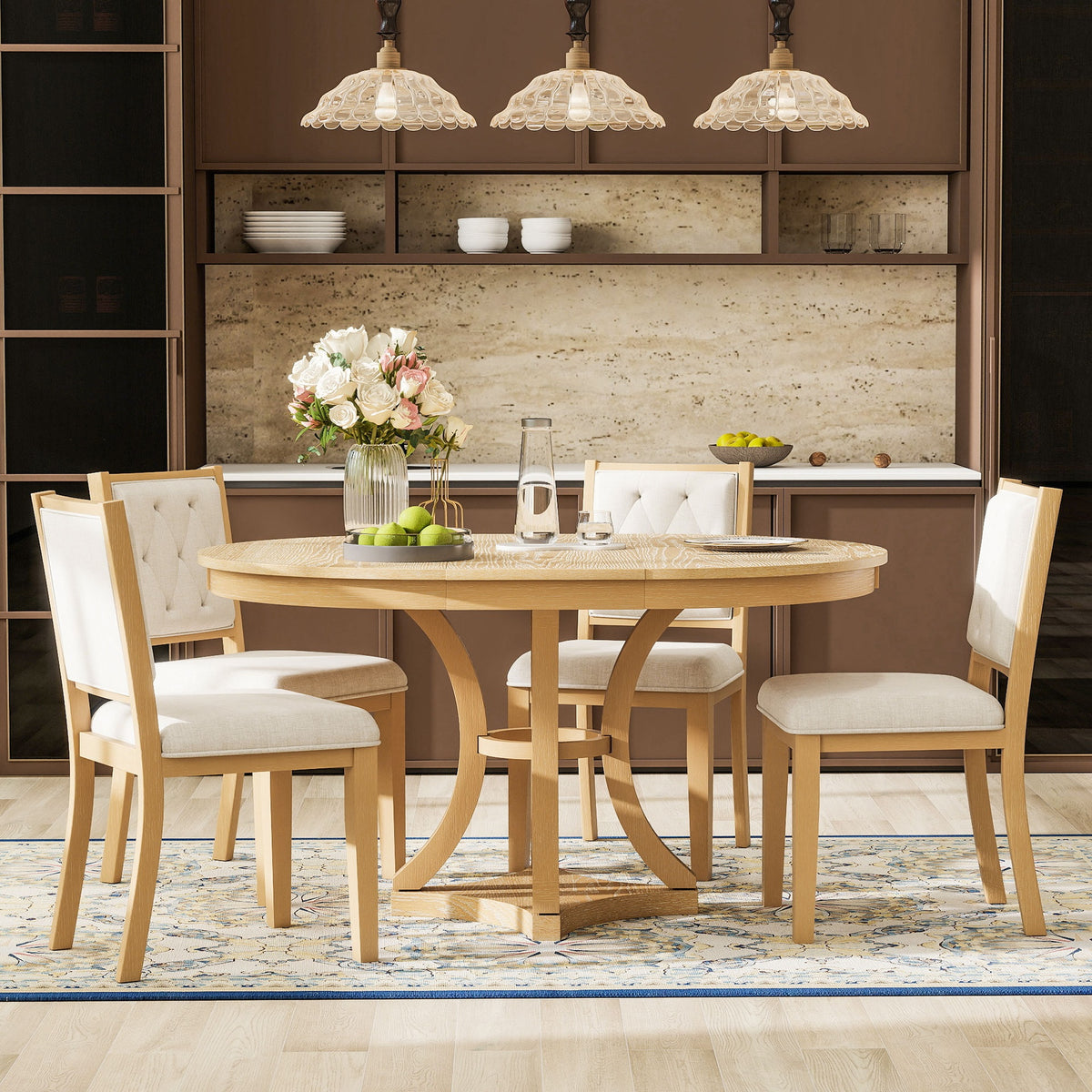 TREXM 5-Piece Retro Functional Dining Table Set Extendable Round Table and 4 Upholstered Chairs for Dining Room and Living Room (Natural)