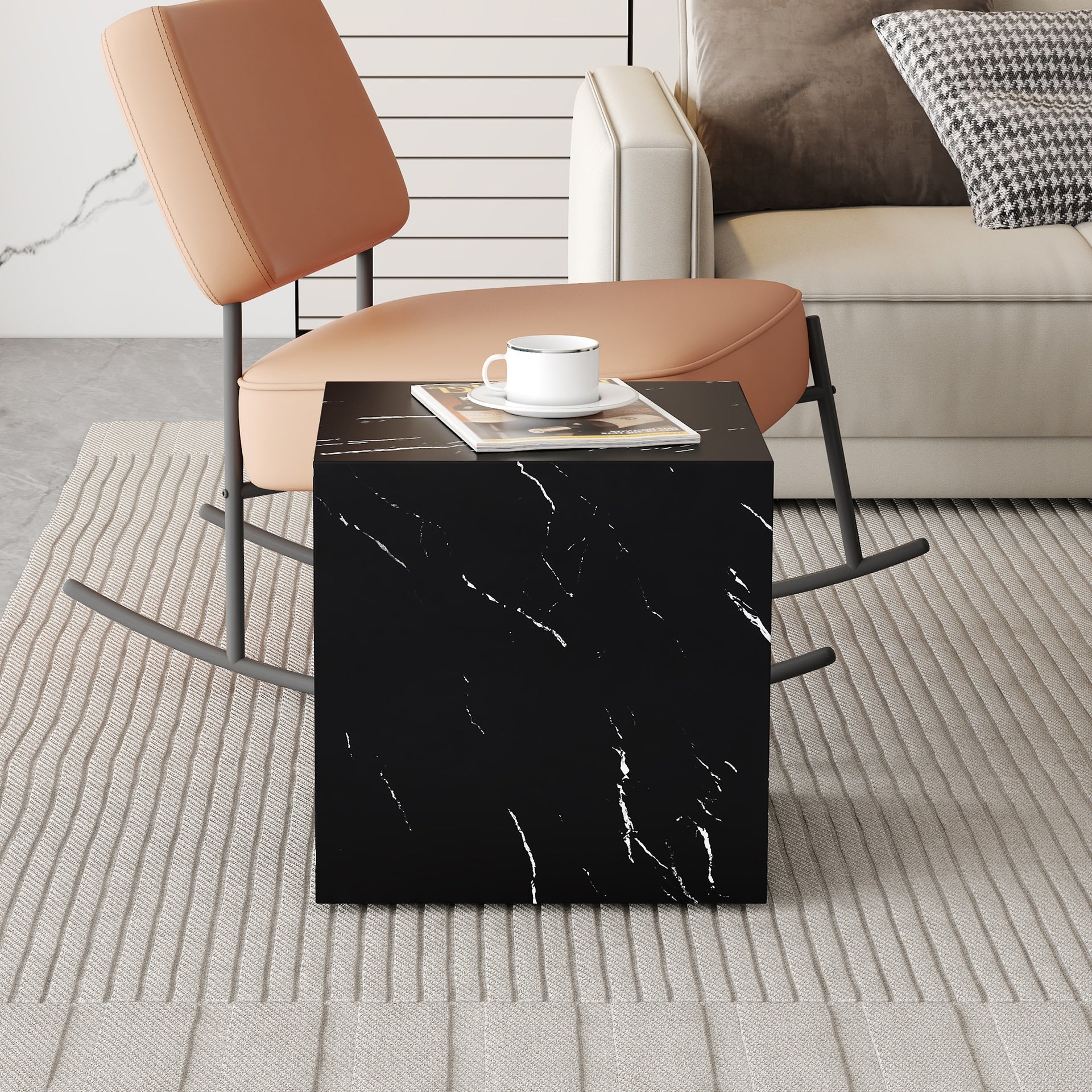 15.7*15.7*15.7 Inch Black Marble Texture MDF Coffee Table - Luxurious Design, Perfect Living Room Accent.Cube fashion texture design coffee table, suitable for various situations and scenes.