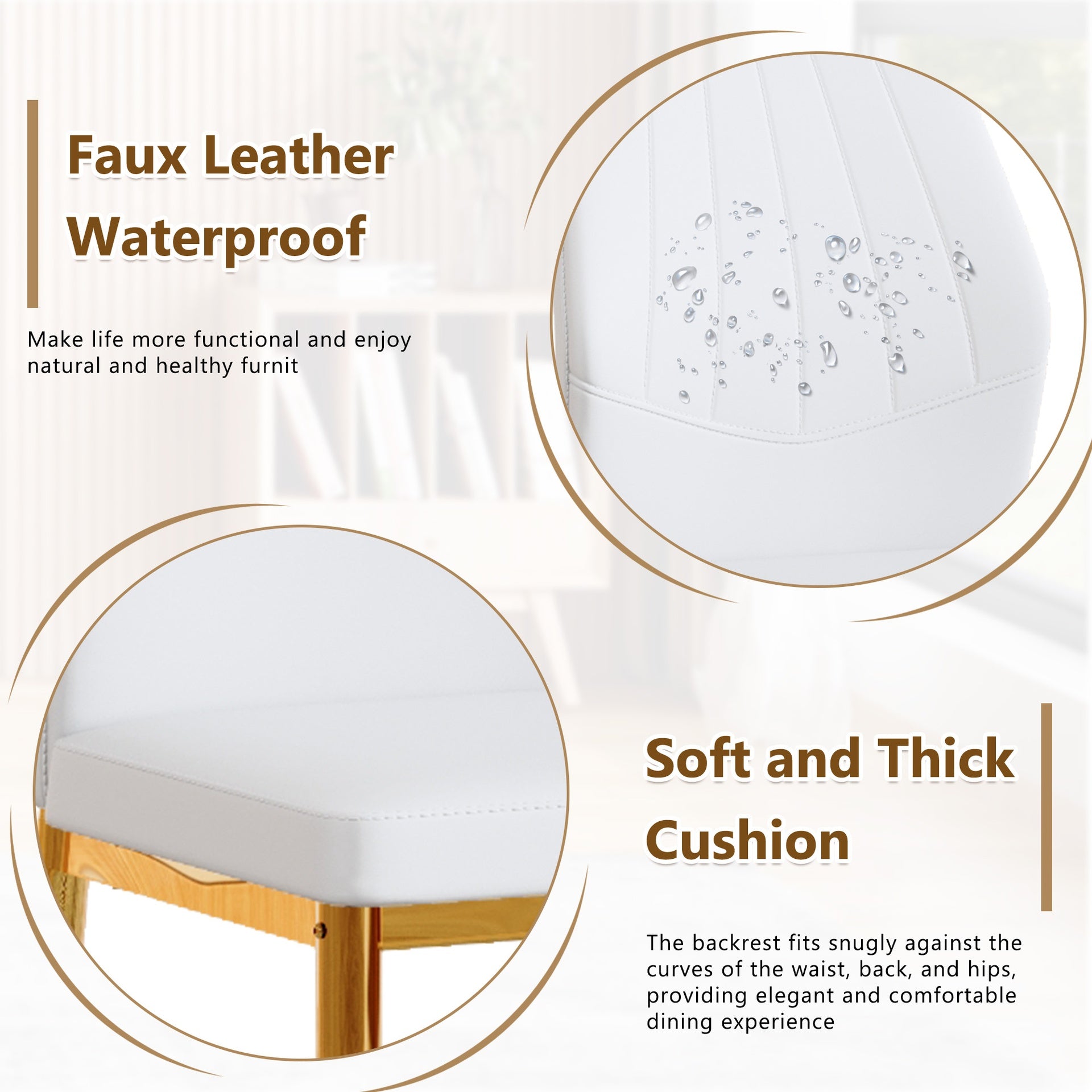 Set of 6 Gold - and - White Dining Chairs, 37 inches High: Ergonomic PU Backrest, Combines Comfort and Style.Perfectly blends comfort and elegance, Injecting more comfort and style into dining time.