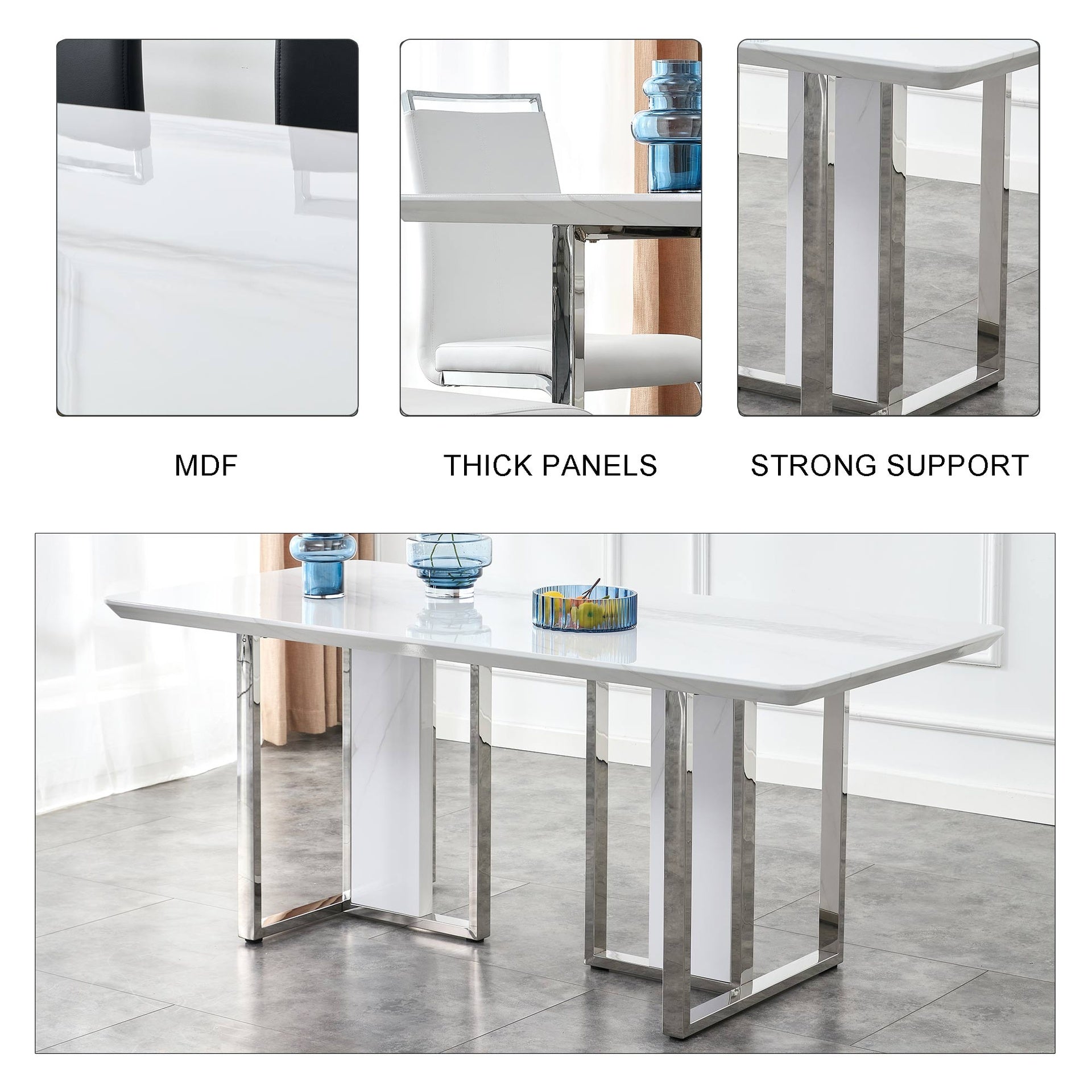 A modern minimalist and luxurious white rectangular with a patterned dining table. MDF table and stainless steel frame. Computer desk. Game table. Used in restaurants and living rooms.W1151S00648