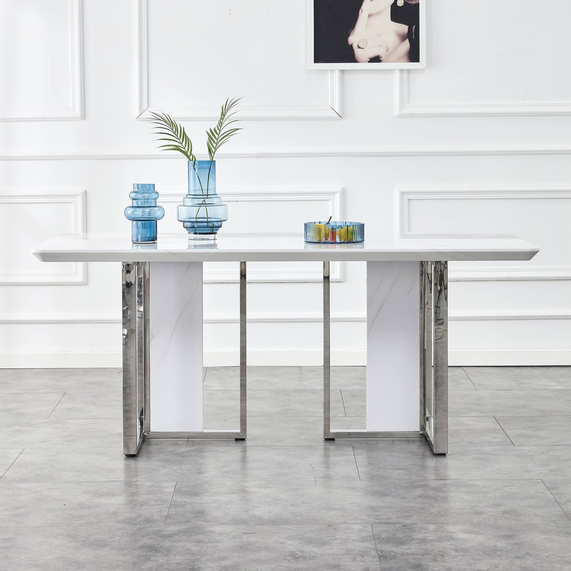 A modern minimalist and luxurious white rectangular with a patterned dining table. MDF table and stainless steel frame. Computer desk. Game table. Used in restaurants and living rooms.W1151S00648