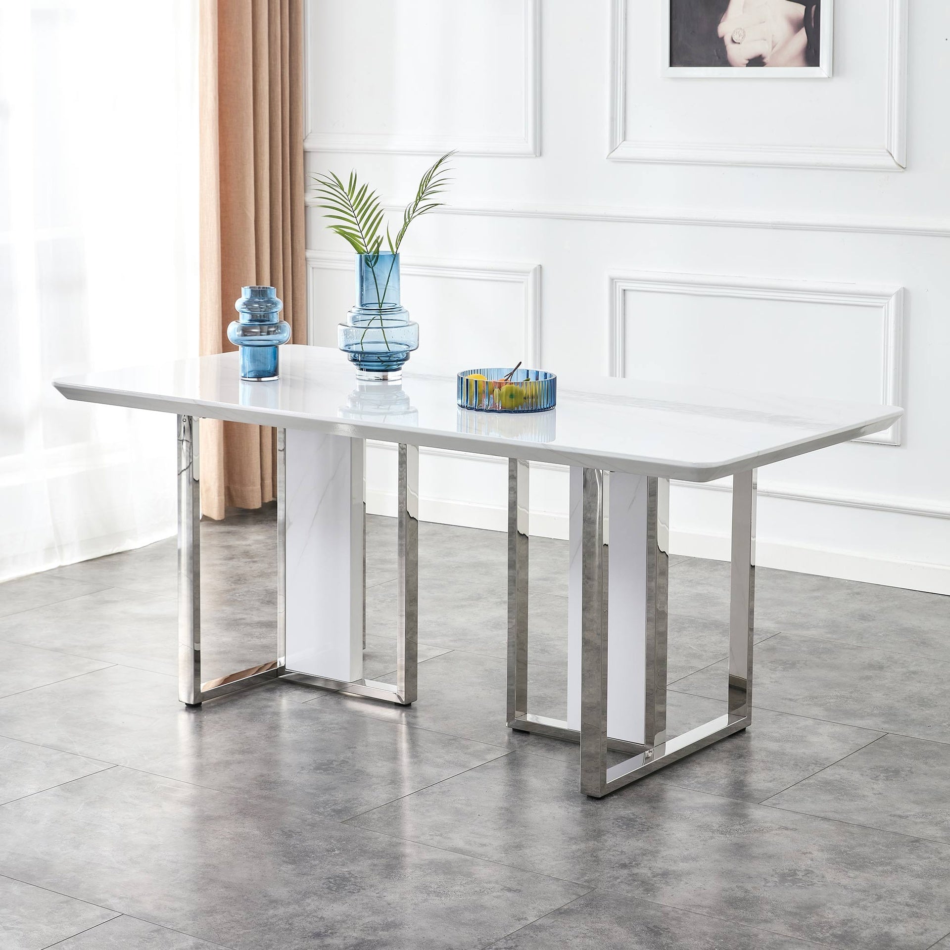 A modern minimalist and luxurious white rectangular with a patterned dining table. MDF table and stainless steel frame. Computer desk. Game table. Used in restaurants and living rooms.W1151S00648