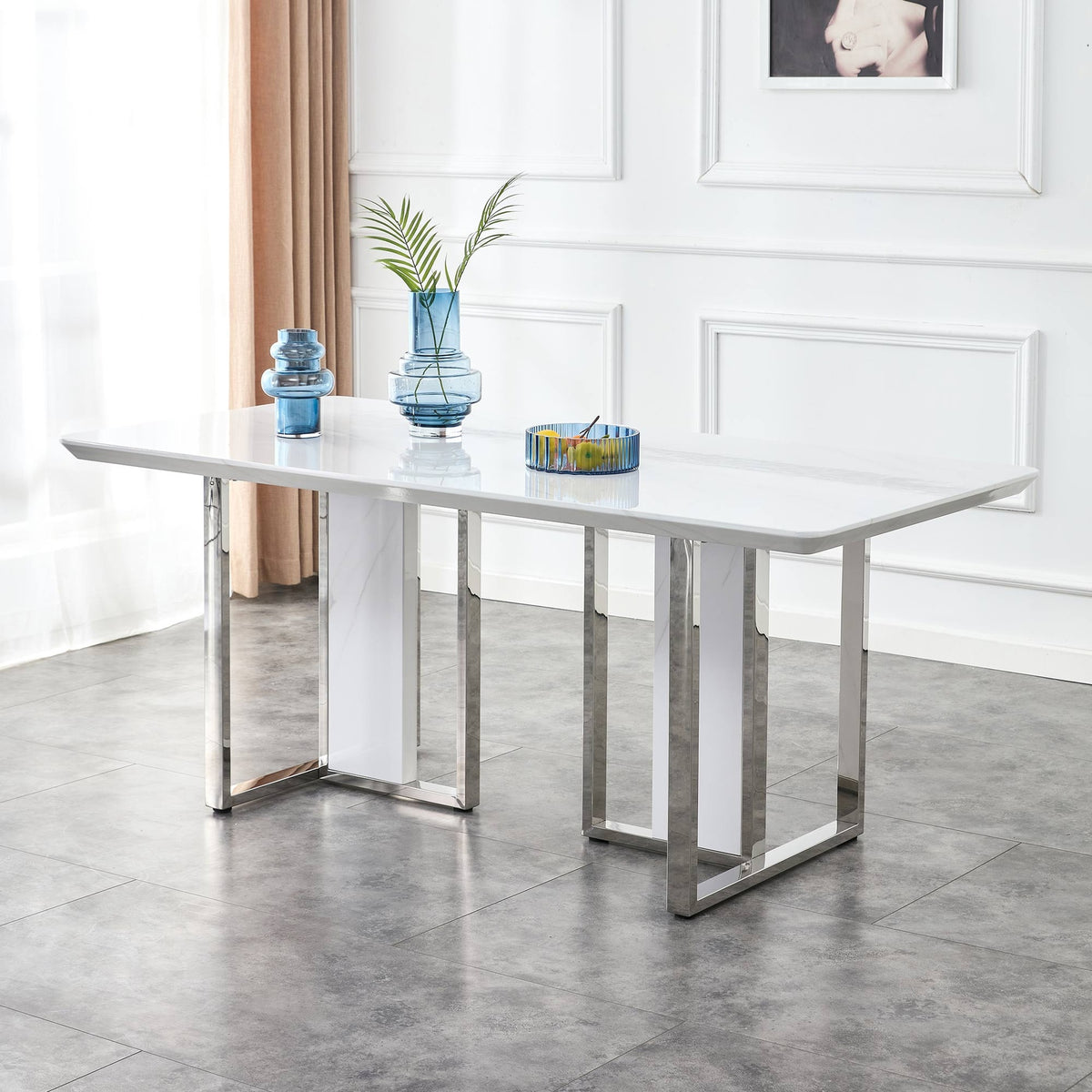 A modern minimalist and luxurious white rectangular with a patterned dining table. MDF table and stainless steel frame. Computer desk. Game table. Used in restaurants and living rooms.W1151S00648