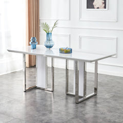 A modern minimalist and luxurious white rectangular with a patterned dining table. MDF table and stainless steel frame. Computer desk. Game table. Used in restaurants and living rooms.W1151S00648