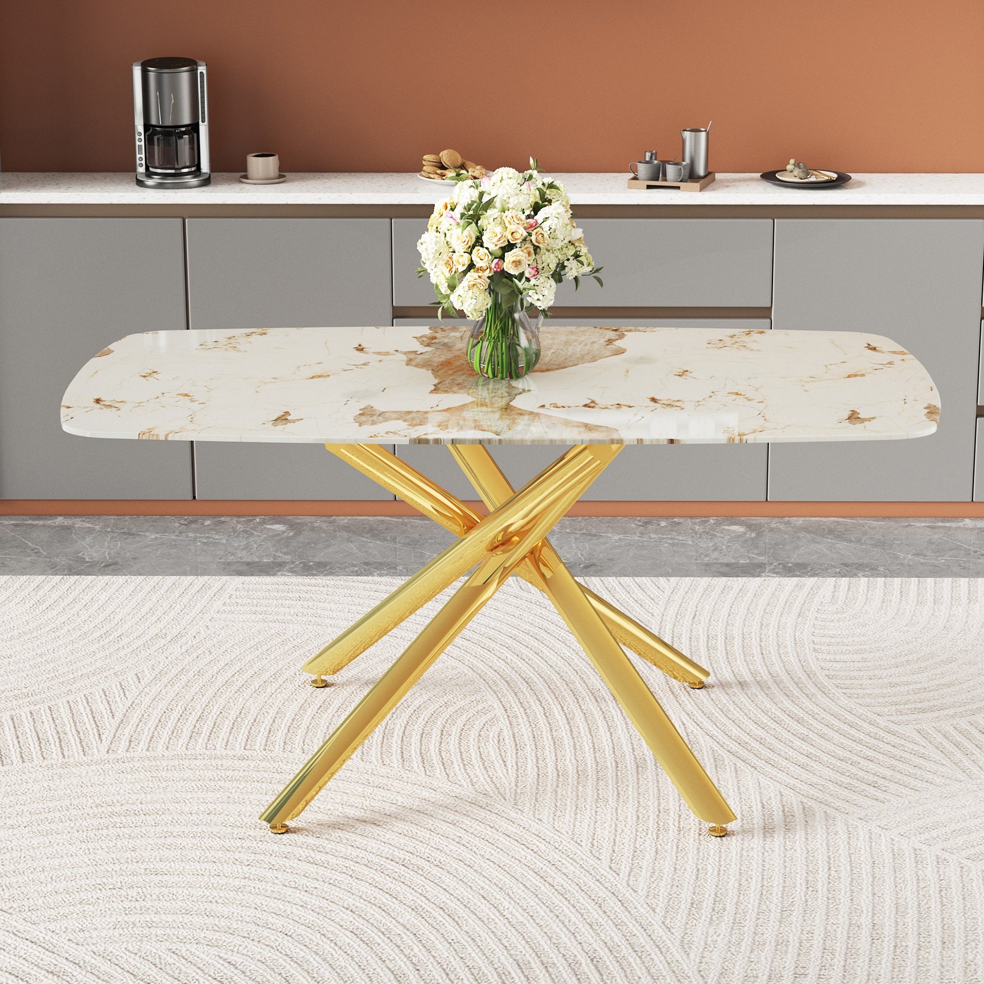 63"x35.4" Luxurious White Marble-Patterned Tempered Glass Dining Table for 4-6 people.Single Fork Gold Metal Table Legs.Tempered Glass Table Top,Gold Metal Leg.Make it Adaptable To Various Styles.