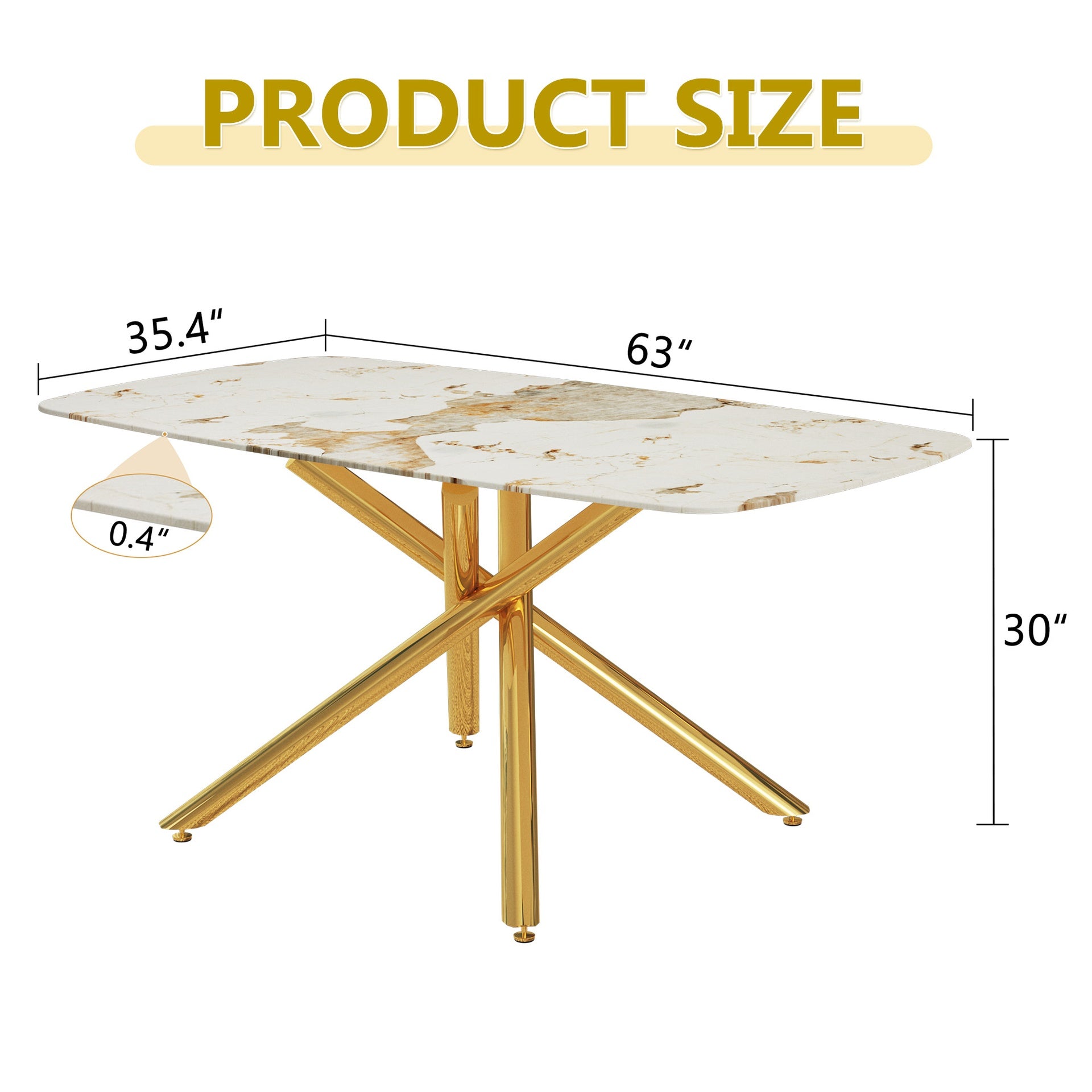 63"x35.4" Luxurious White Marble-Patterned Tempered Glass Dining Table for 4-6 people.Single Fork Gold Metal Table Legs.Tempered Glass Table Top,Gold Metal Leg.Make it Adaptable To Various Styles.