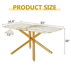63"x35.4" Luxurious White Marble-Patterned Tempered Glass Dining Table for 4-6 people.Single Fork Gold Metal Table Legs.Tempered Glass Table Top,Gold Metal Leg.Make it Adaptable To Various Styles.