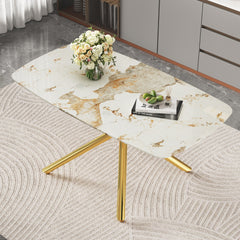 63"x35.4" Luxurious White Marble-Patterned Tempered Glass Dining Table for 4-6 people.Single Fork Gold Metal Table Legs.Tempered Glass Table Top,Gold Metal Leg.Make it Adaptable To Various Styles.