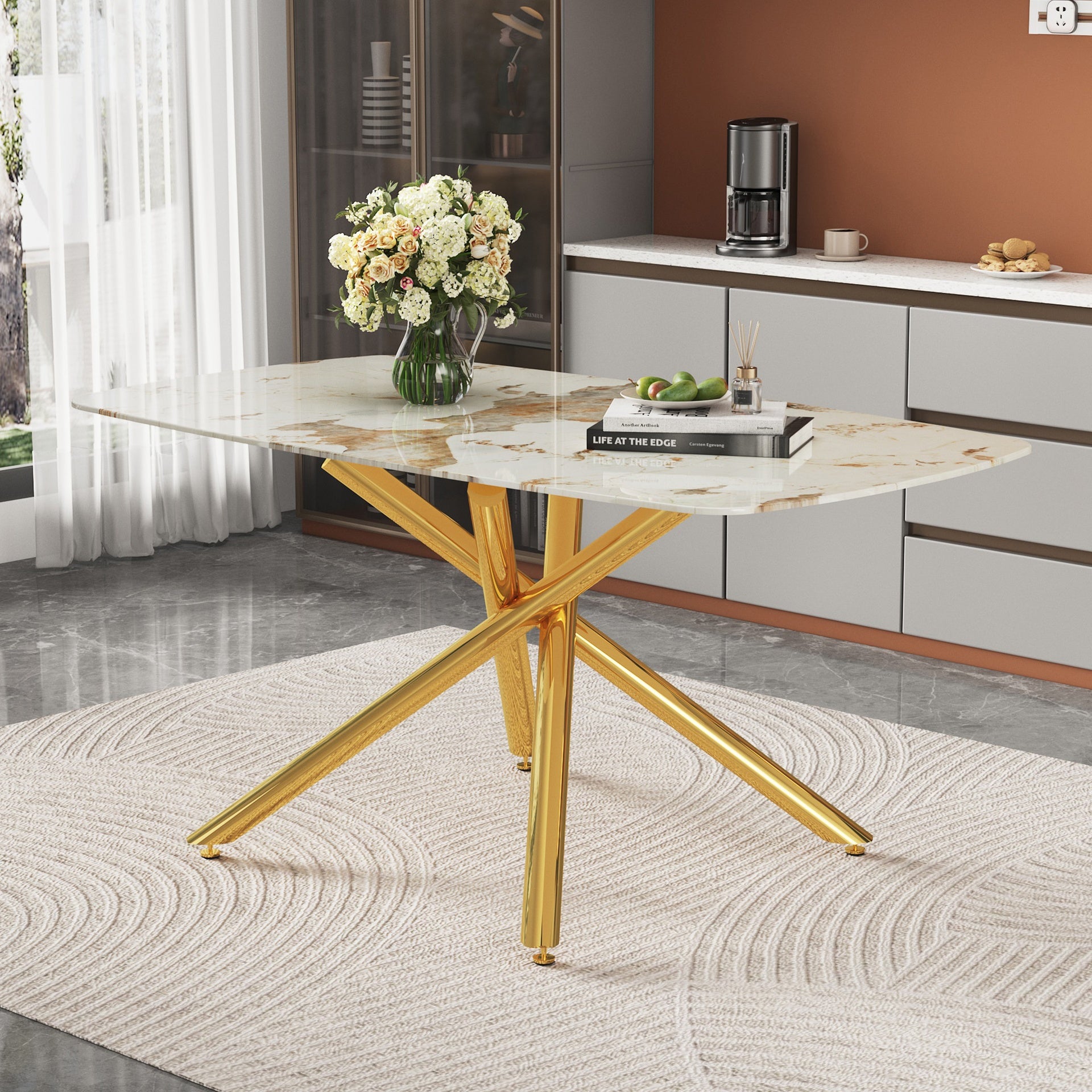 63"x35.4" Luxurious White Marble-Patterned Tempered Glass Dining Table for 4-6 people.Single Fork Gold Metal Table Legs.Tempered Glass Table Top,Gold Metal Leg.Make it Adaptable To Various Styles.
