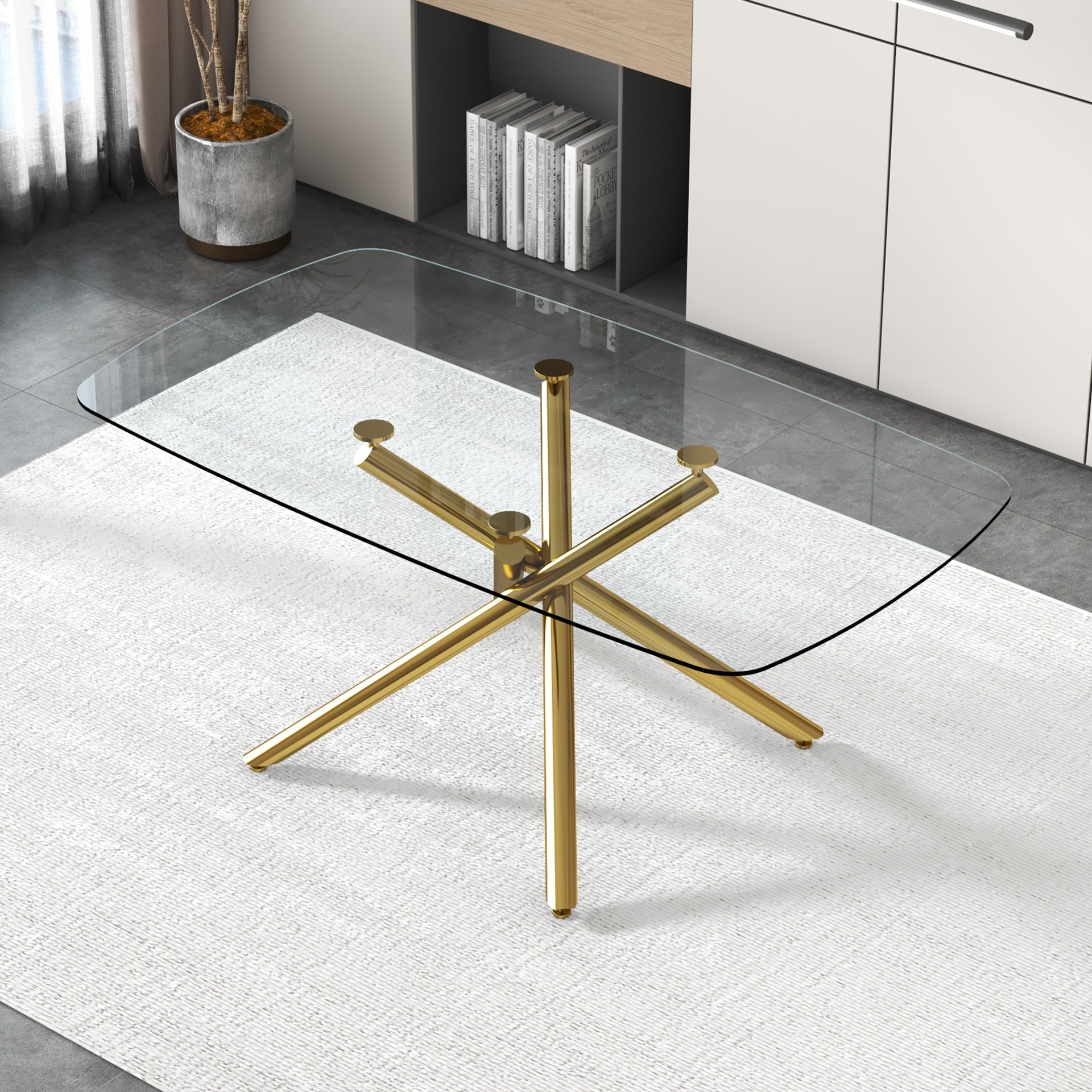 Large Modern Minimalist Rectangular Glass Dining Table with 0.39" Tempered Glass Top and Gilded Metal Legs for Kitchen, Dining Room, Living Room, Meeting Room, Ballroom 71" x 35.4" x 30".W1151S00840