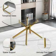 Large Modern Minimalist Rectangular Glass Dining Table with 0.39" Tempered Glass Top and Gilded Metal Legs for Kitchen, Dining Room, Living Room, Meeting Room, Ballroom 71" x 35.4" x 30".W1151S00840