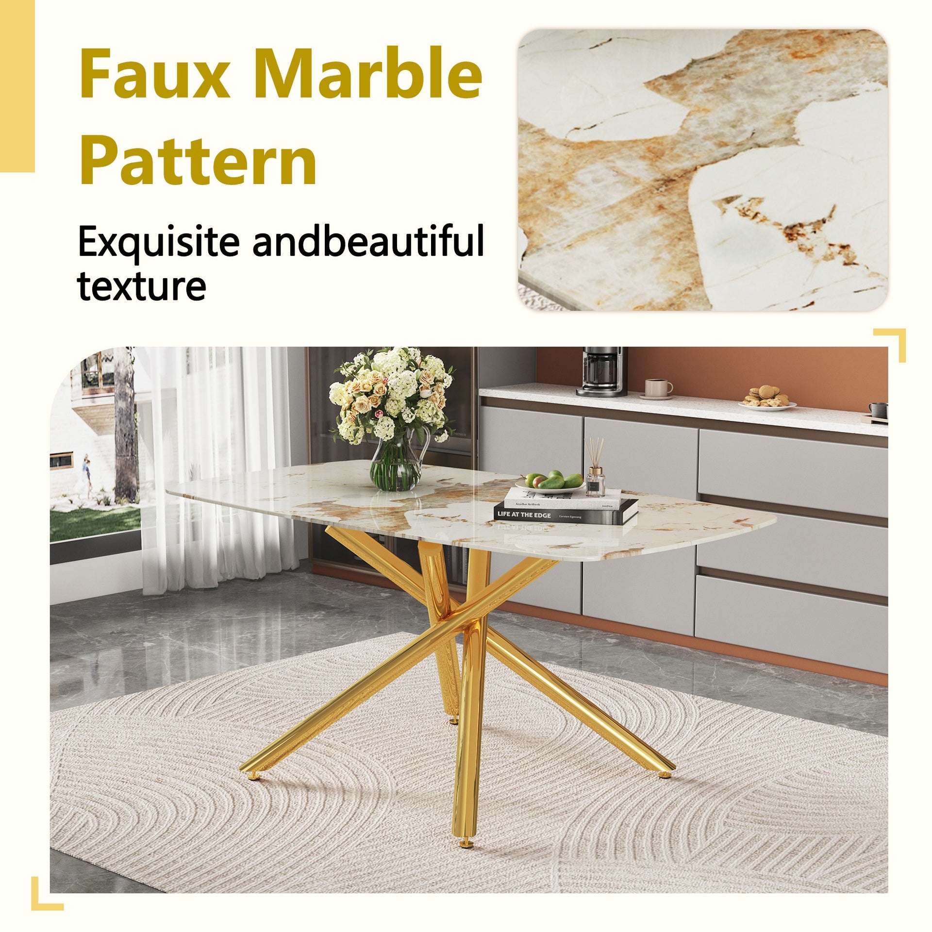 Table and chair set.63"x35.4" Luxurious White Marble-Patterned Tempered Glass Dining Table.Paired with 4 white dining chairs made of linen fabric.Suitable for restaurants, kitchens.