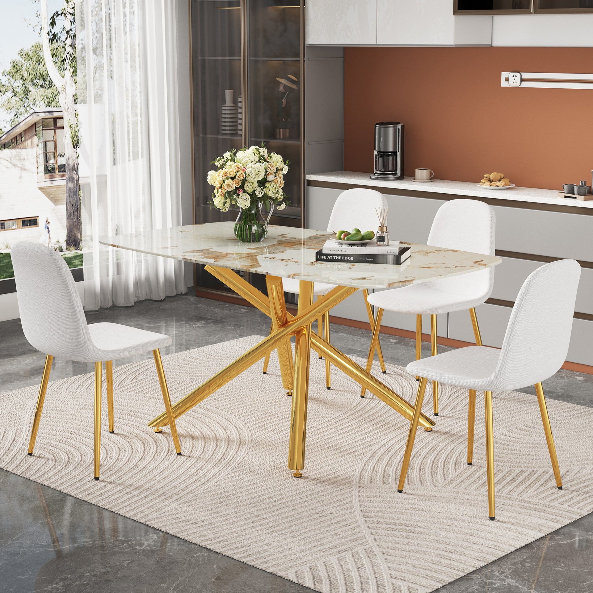 Table and chair set.63"x35.4" Luxurious White Marble-Patterned Tempered Glass Dining Table.Paired with 4 white dining chairs made of linen fabric.Suitable for restaurants, kitchens.