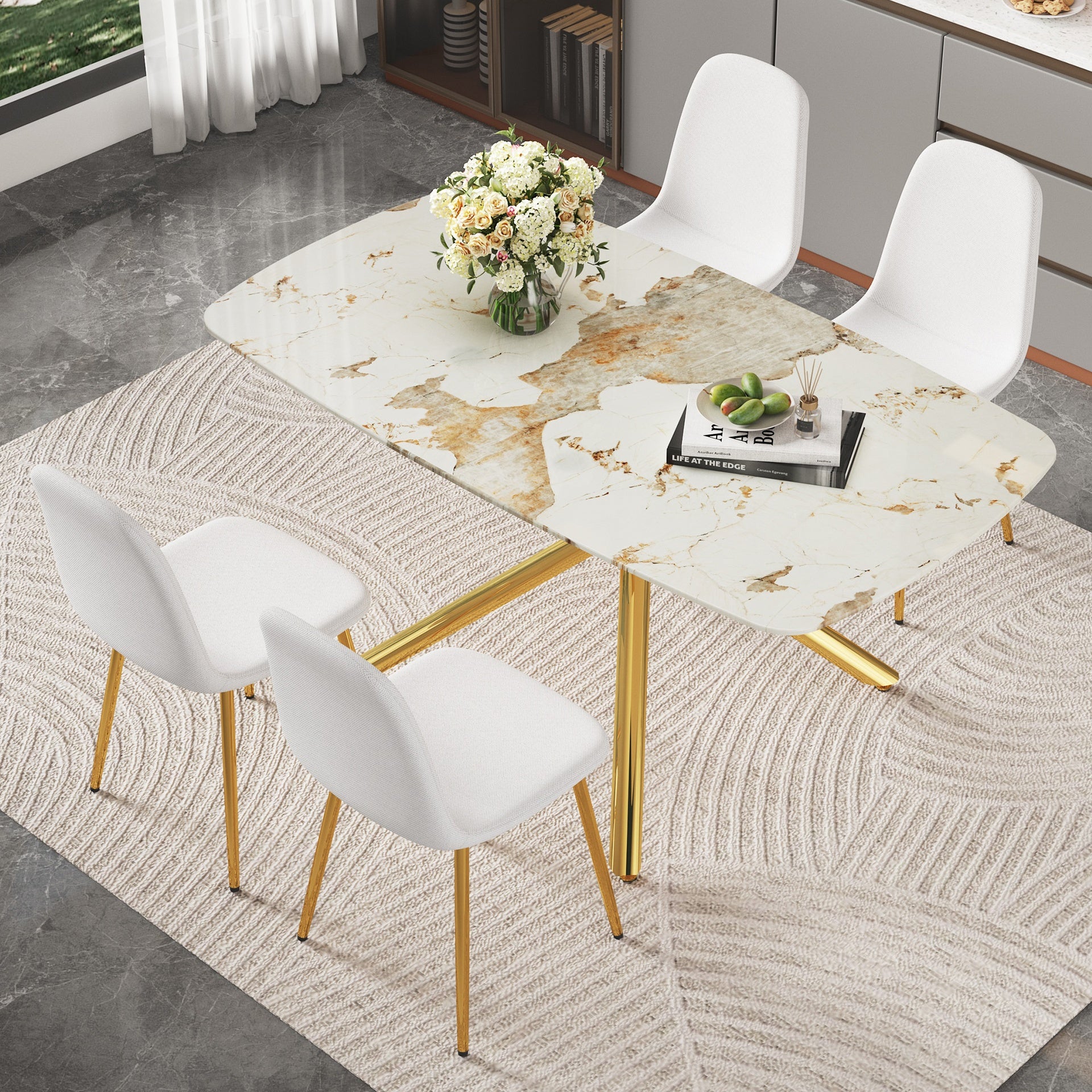 Table and chair set.63"x35.4" Luxurious White Marble-Patterned Tempered Glass Dining Table.Paired with 4 white dining chairs made of linen fabric.Suitable for restaurants, kitchens.