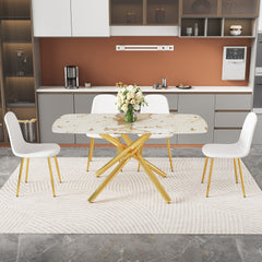 Table and chair set.63"x35.4" Luxurious White Marble-Patterned Tempered Glass Dining Table.Paired with 4 white dining chairs made of linen fabric.Suitable for restaurants, kitchens.