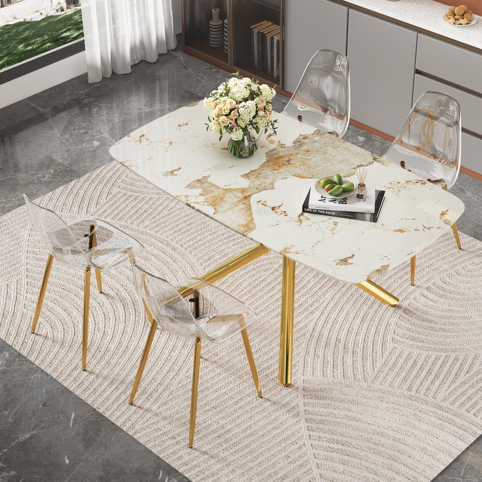 Table and chair set. 63" x 35.4" Luxurious White Marble-Patterned Tempered Glass Dining Table.Paired with 4 Transparent Plastic Chairs with Gold Metal Legs.Bring a comfortable home experience.