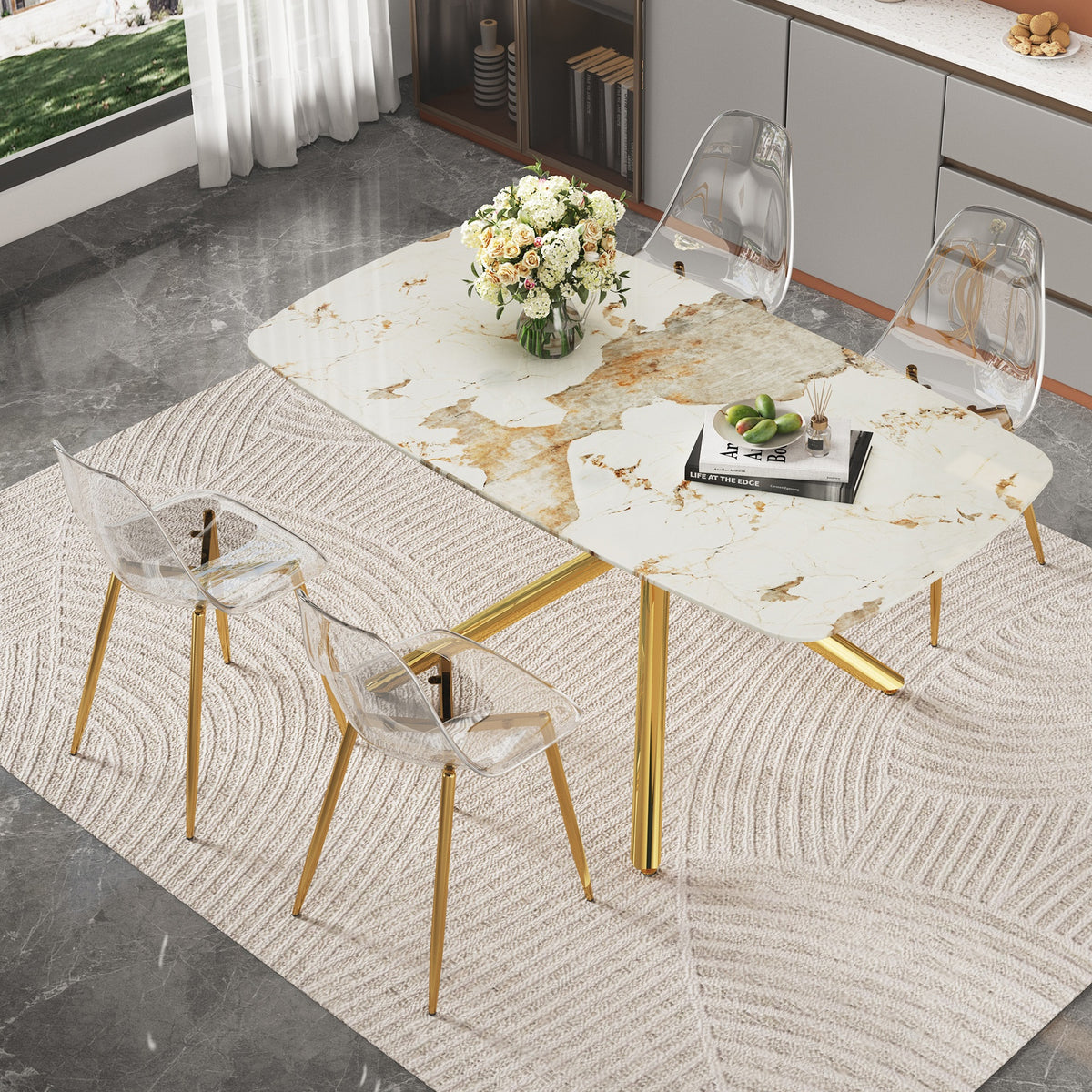 Table and chair set. 63" x 35.4" Luxurious White Marble-Patterned Tempered Glass Dining Table.Paired with 4 Transparent Plastic Chairs with Gold Metal Legs.Bring a comfortable home experience.