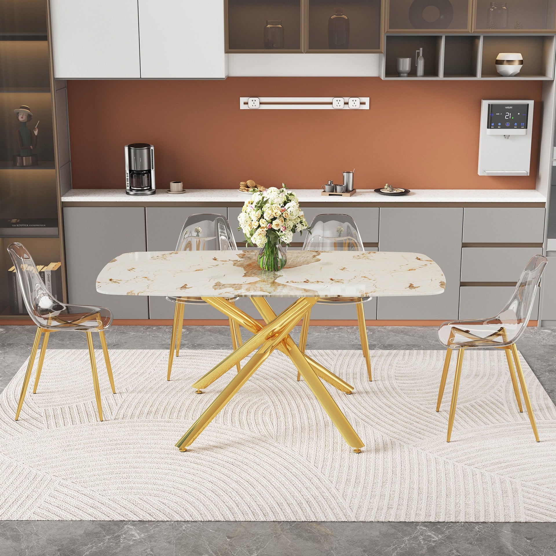 Table and chair set. 63" x 35.4" Luxurious White Marble-Patterned Tempered Glass Dining Table.Paired with 4 Transparent Plastic Chairs with Gold Metal Legs.Bring a comfortable home experience.