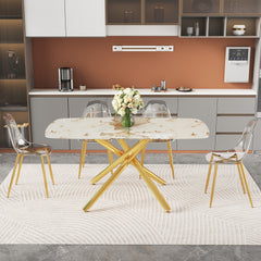 Table and chair set. 63" x 35.4" Luxurious White Marble-Patterned Tempered Glass Dining Table.Paired with 4 Transparent Plastic Chairs with Gold Metal Legs.Bring a comfortable home experience.