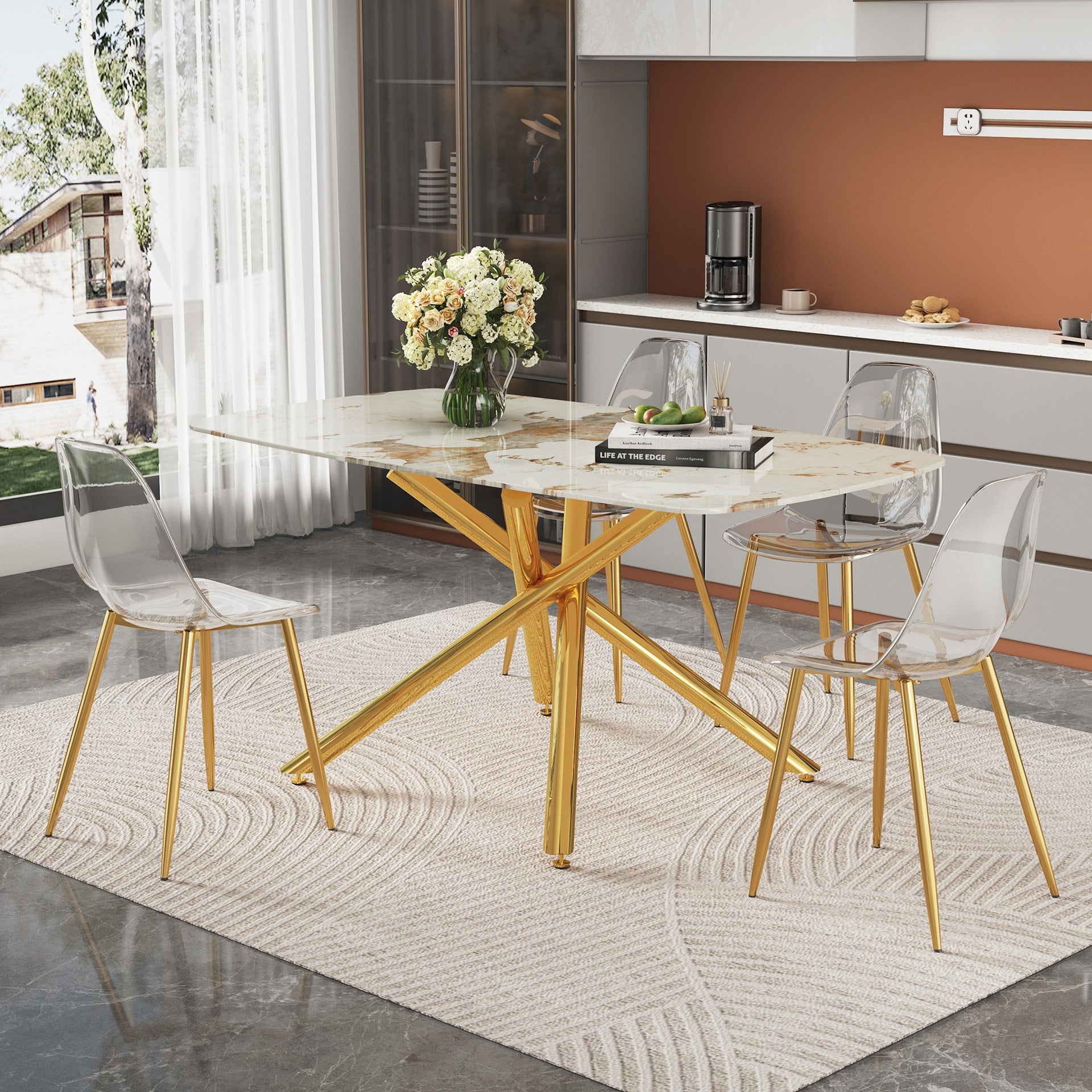Table and chair set. 63" x 35.4" Luxurious White Marble-Patterned Tempered Glass Dining Table.Paired with 4 Transparent Plastic Chairs with Gold Metal Legs.Bring a comfortable home experience.