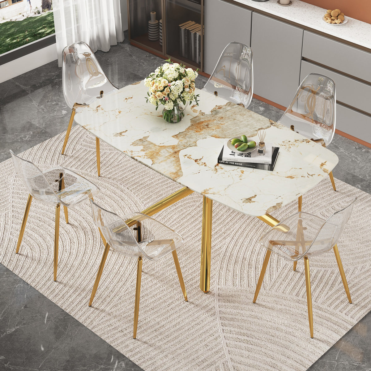 Table and chair set. 63" x 35.4" Luxurious White Marble-Patterned Tempered Glass Dining Table.Paired with 6 Transparent Plastic Chairs with Gold Metal Legs.Bring a comfortable home experience.