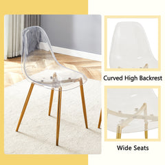 Table and chair set. 63" x 35.4" Luxurious White Marble-Patterned Tempered Glass Dining Table.Paired with 6 Transparent Plastic Chairs with Gold Metal Legs.Bring a comfortable home experience.