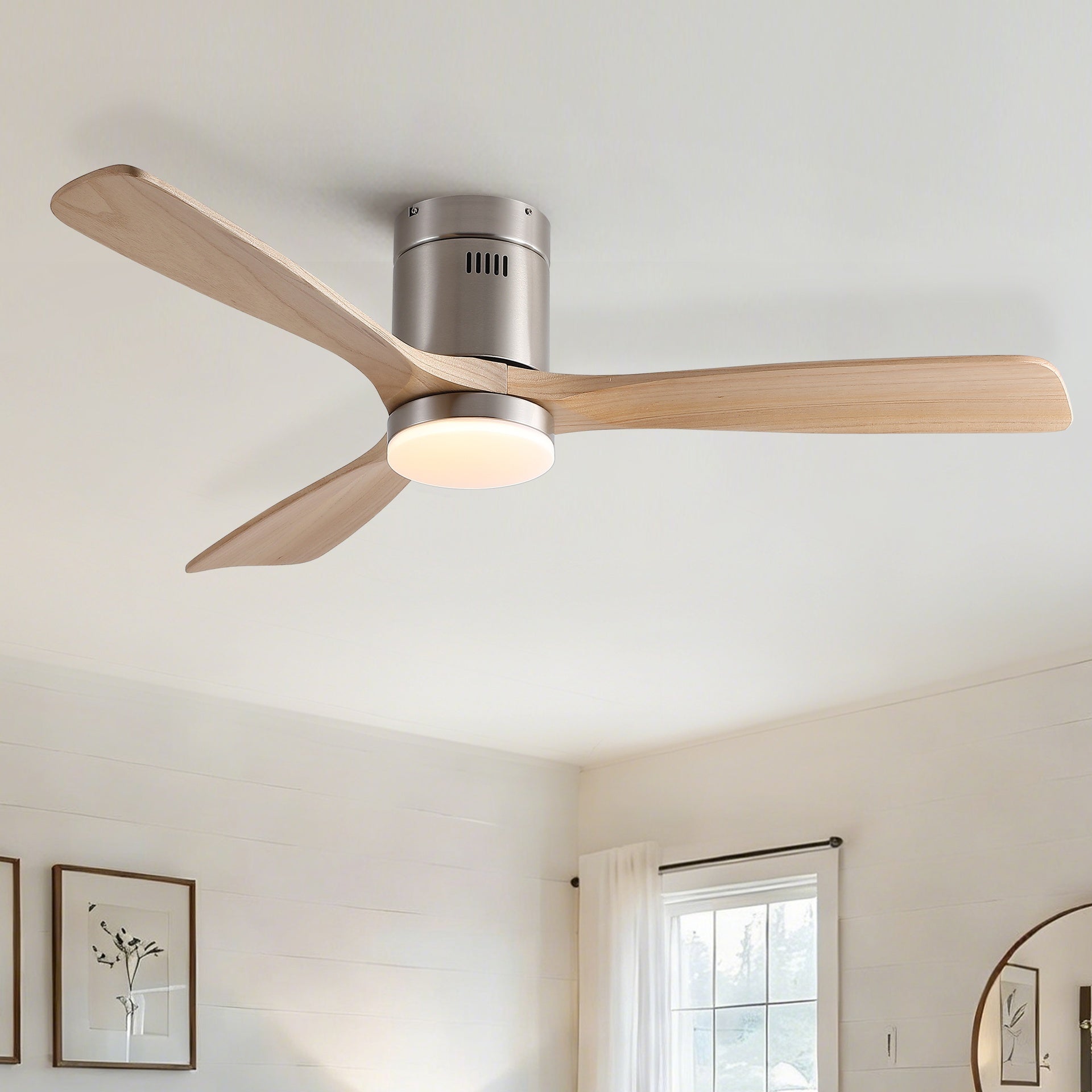 52 inch Mordern Cozy Natural Style Solid Wood Low Profile Flush Mount Intergrated LED Ceiling Fan with Light