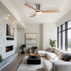 52 inch Mordern Cozy Natural Style Solid Wood Low Profile Flush Mount Intergrated LED Ceiling Fan with Light