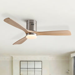 52 inch Mordern Cozy Natural Style Solid Wood Low Profile Flush Mount Intergrated LED Ceiling Fan with Light