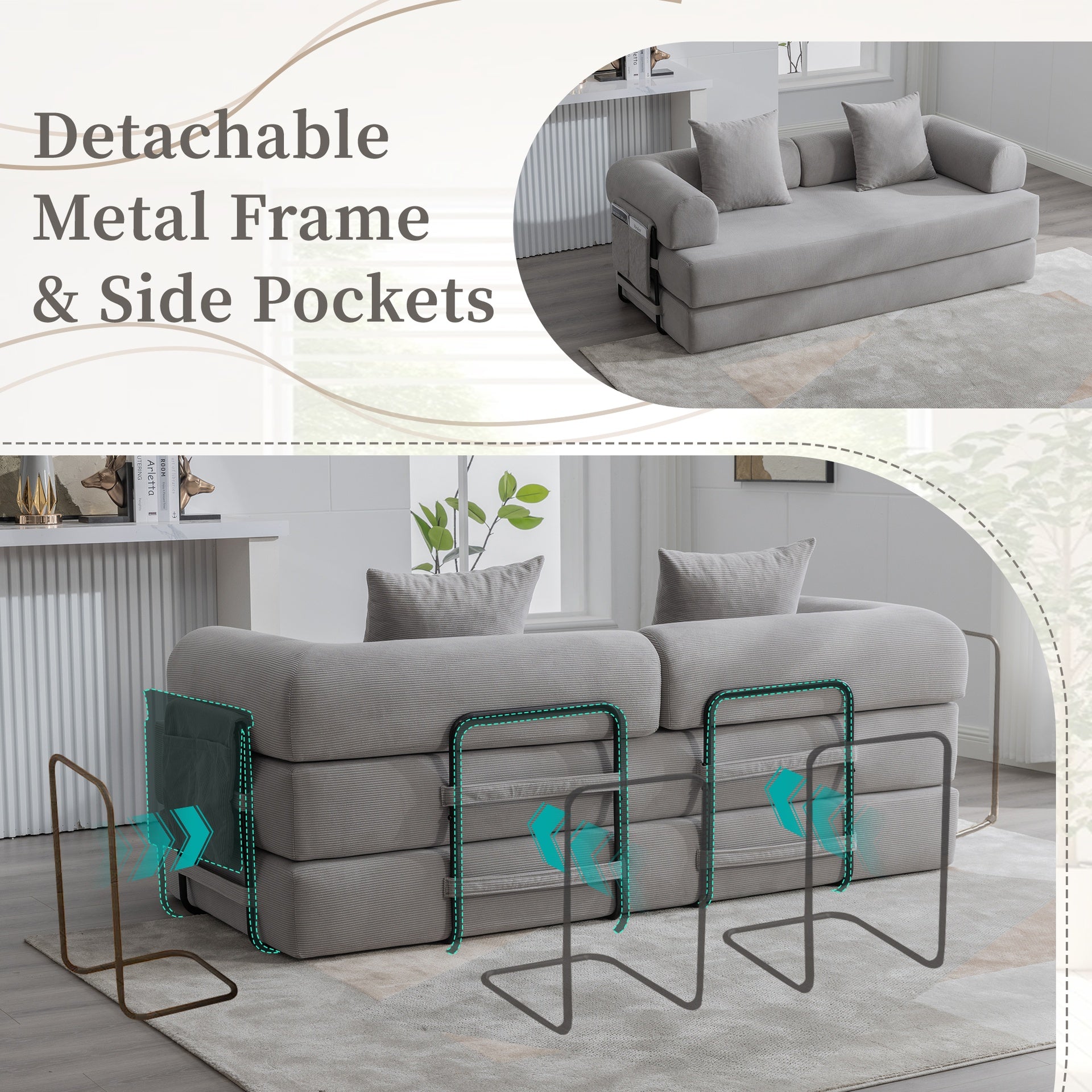 UNITED WE WIN Foldable and compressible sofa, featuring a sturdy metal frame, It allows you to freely create a personalized leisure area. A combination of modern metal and fabric for Small Spaces