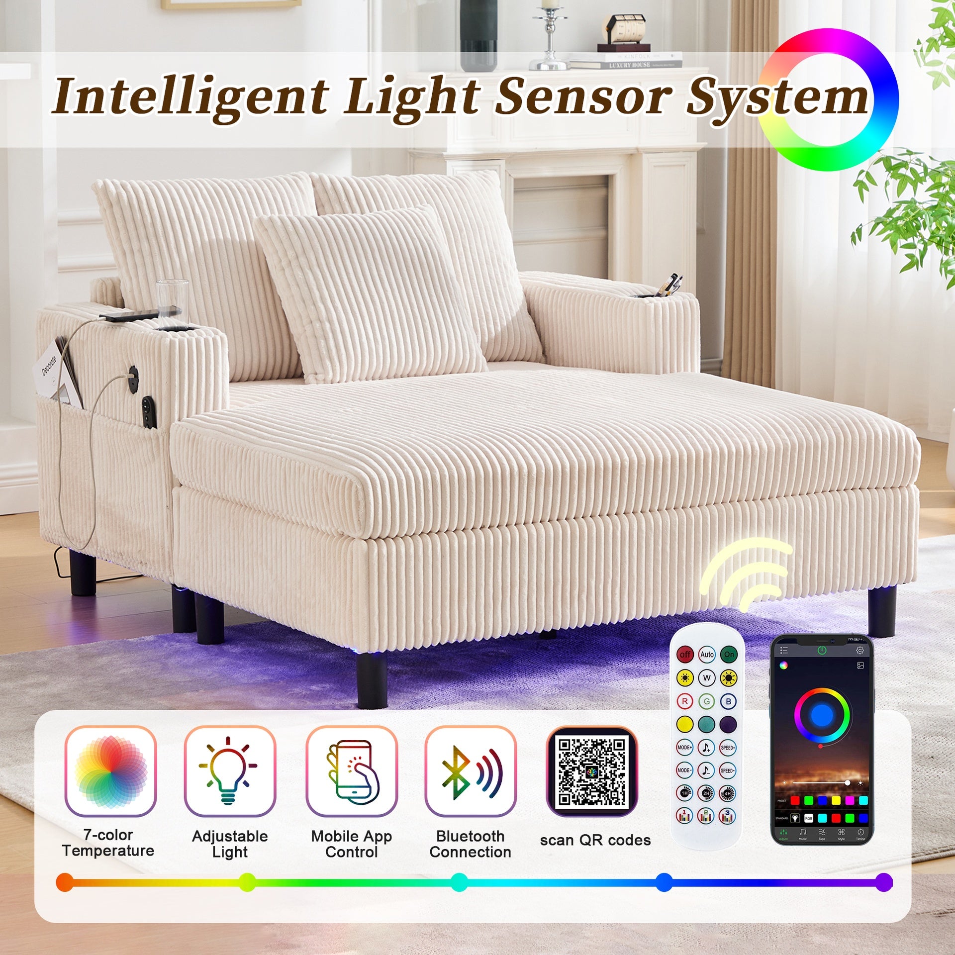 UNITED WE WIN Modern Corduroy Oversized Recliner Sofa with Deep Seat, 3 Pillows, USB Charging, RGB LED Light Strip, Cup Holder, Side Pocket - Suitable for Living Room and Bedroom