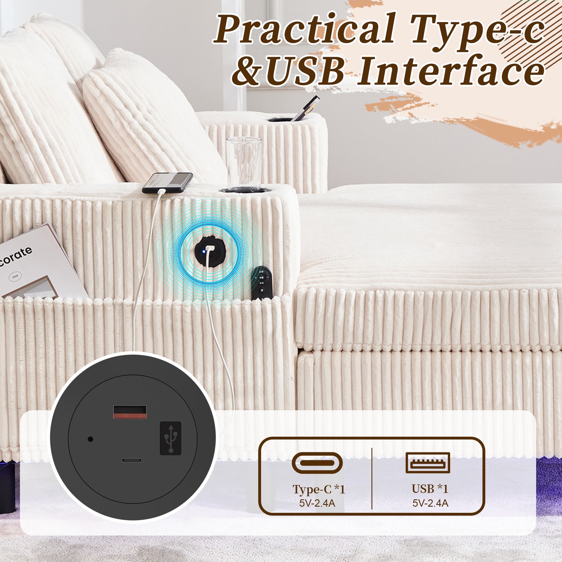 UNITED WE WIN Modern Corduroy Oversized Recliner Sofa with Deep Seat, 3 Pillows, USB Charging, RGB LED Light Strip, Cup Holder, Side Pocket - Suitable for Living Room and Bedroom