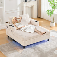 UNITED WE WIN Modern Corduroy Oversized Recliner Sofa with Deep Seat, 3 Pillows, USB Charging, RGB LED Light Strip, Cup Holder, Side Pocket - Suitable for Living Room and Bedroom